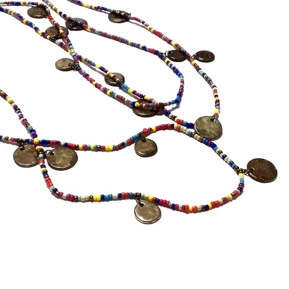 Boho Inspired Multi Color Seed Bead and Gold Disc Charm Necklace - Picture 4 of 6